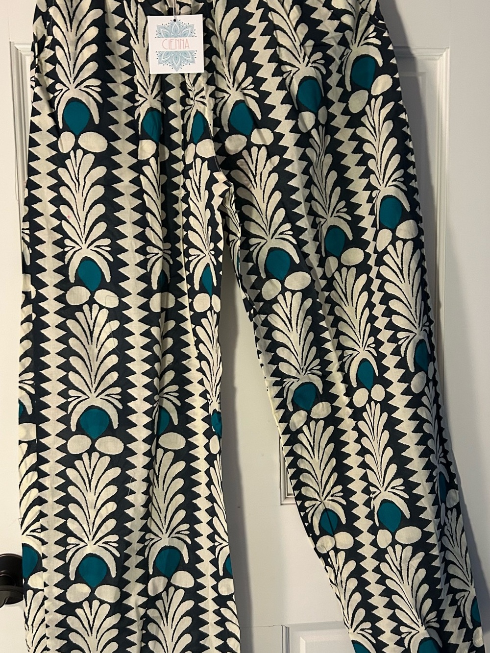 Wide Leg Printed Pants in Teal and Cream